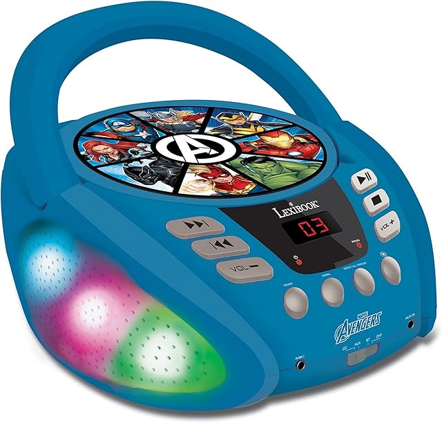 Lexibook RCD109AV Marvel Avengers-Bluetooth CD Player for Kids  Portable, Multicoloured Light Effects, Microphone, Aux-in Jack, AC or Battery-Operated, Girls, Boys, Blue/Grey