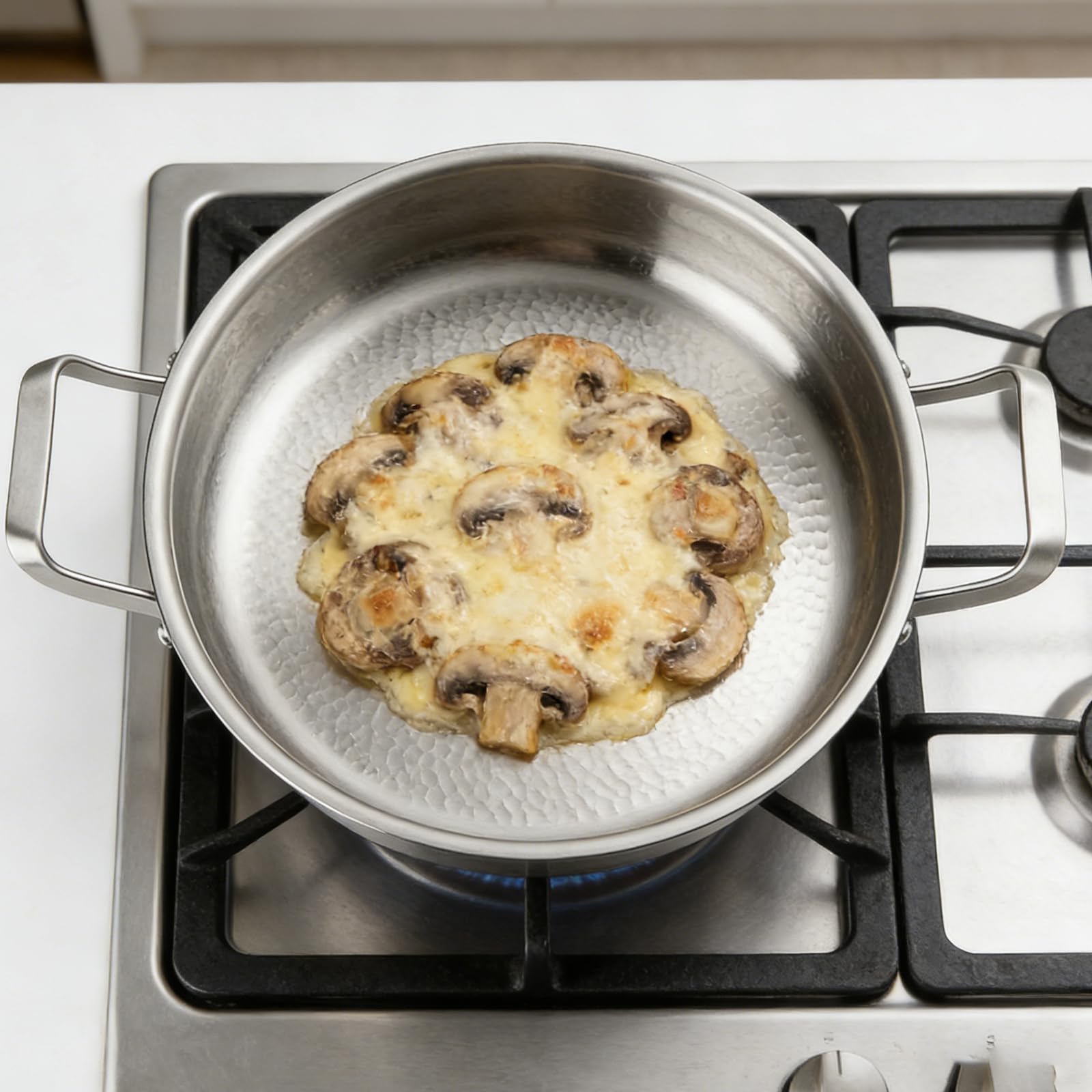 Padella in acciaio inox martellato titanio 32 Cm, Padella a tre strati induzione, senza rivestimento antiaderente naturale, friggere saltare stufare a vapore, coperchio vetro 2 maniglie