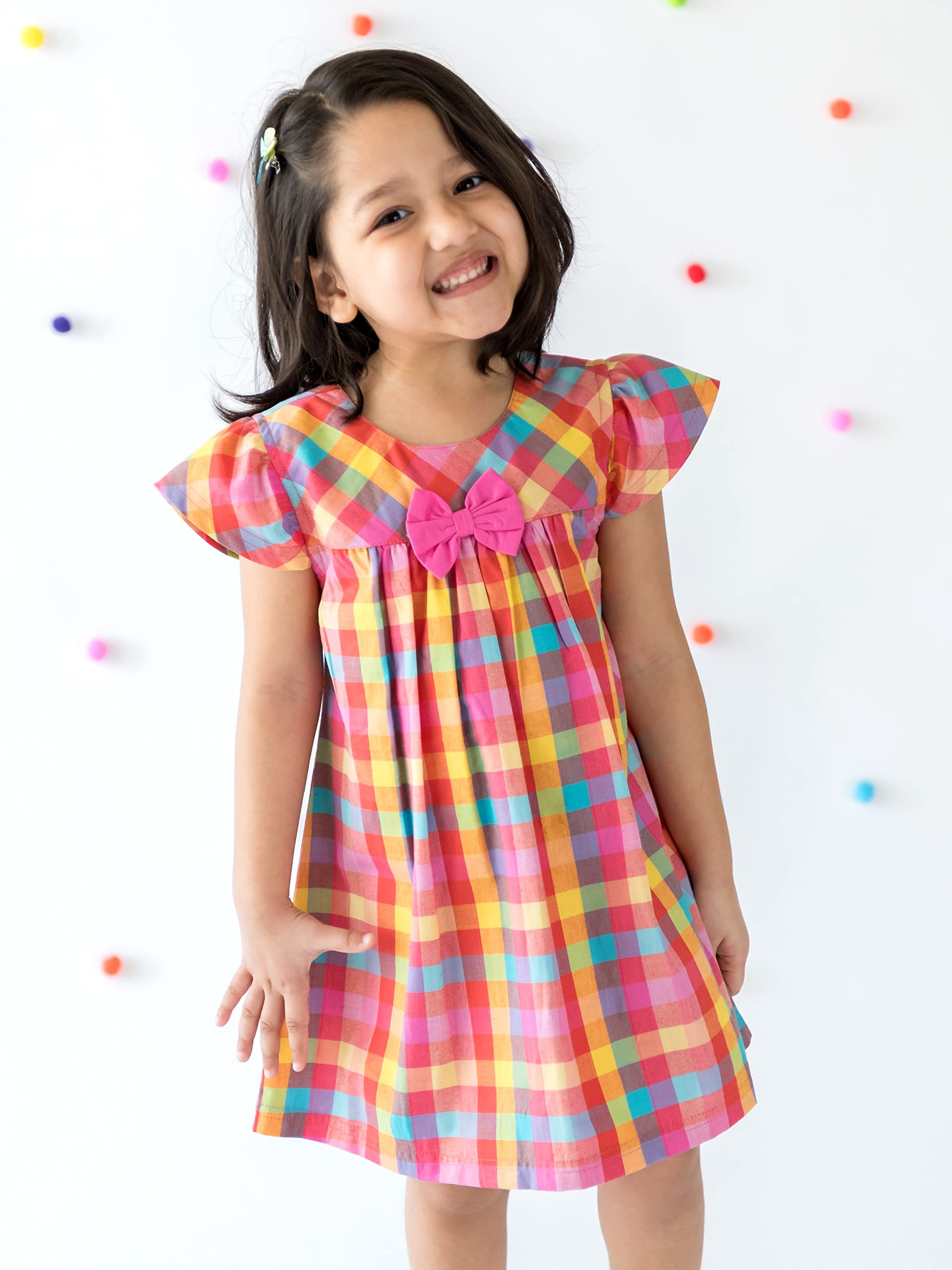Campana Girls Dress, Suzy with Bow, Rainbow Check Print, Multicolour, Stylish Dress for Girls, Fun & Casual Dress for Kids, Dress for Girls