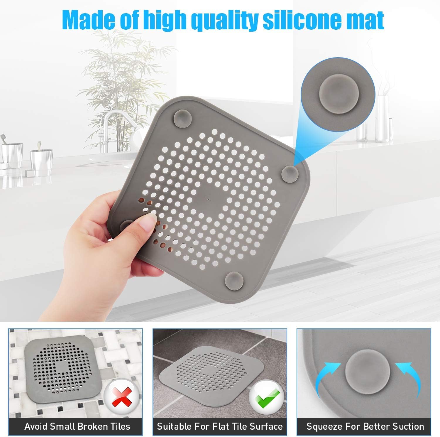 Revwd 2 Pcs Grey Hair Drain Catcher Square Drain Cover for Shower Silicone Hair Stopper with Suction Cup Suit for Bathroom Bathtub Kitchen.