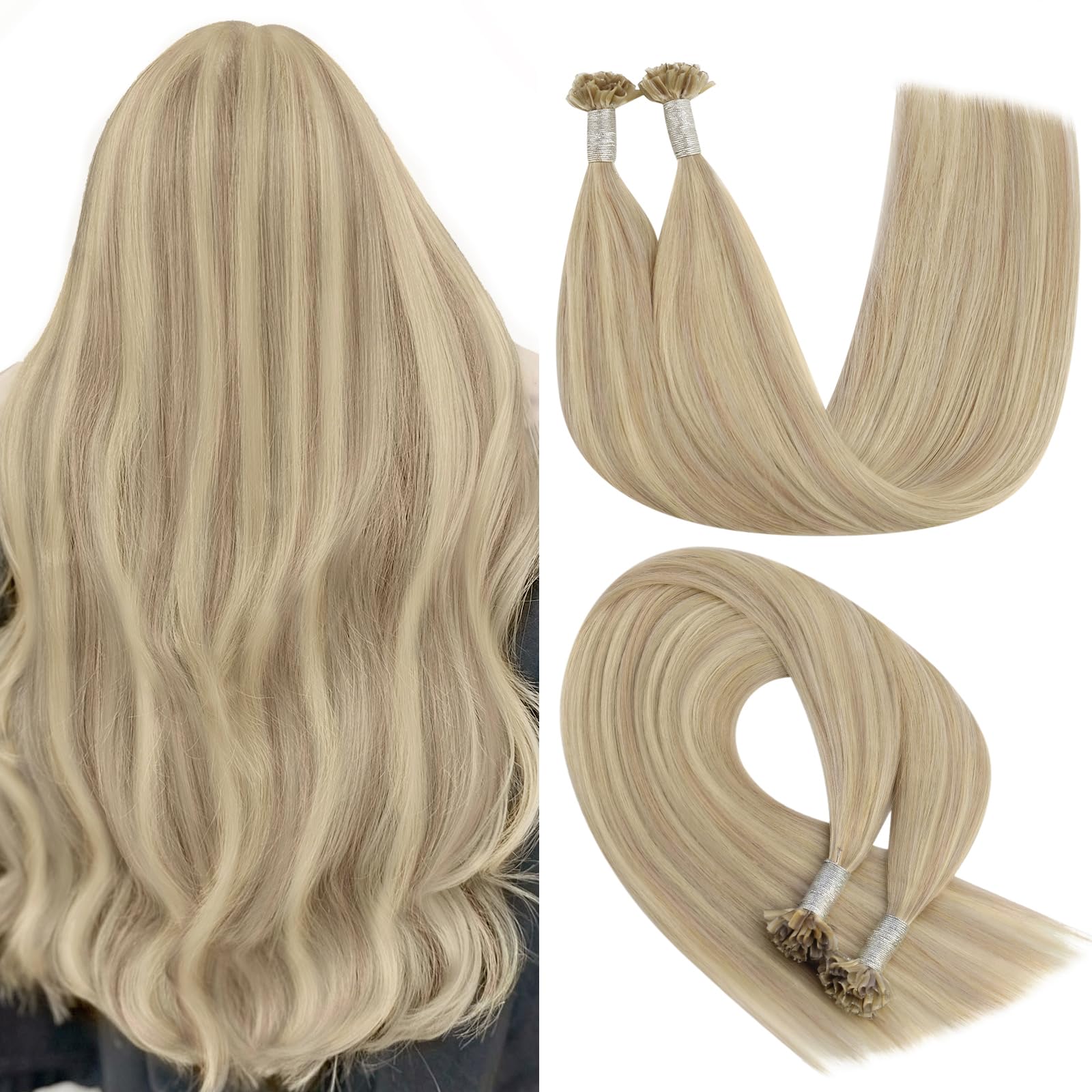 YoungSee Nano Beads Hair Extensions Blonde 14inch Nano Hair Extensions Warm Ash Blonde Highlights Bleach Blonde Nano Ring Hair Extension Highlight for Women Cold Fusion 50g Short Straight 50s — view 53