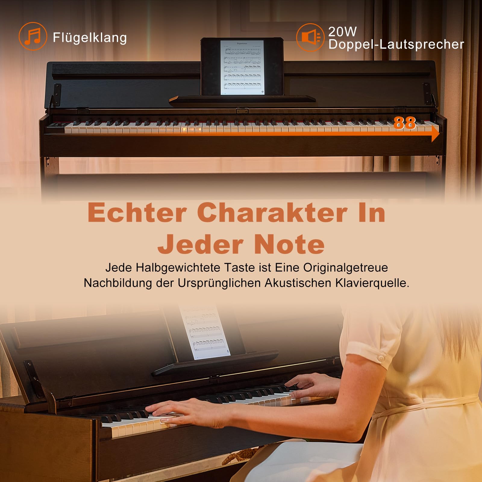 MUSTAR 88 Tasten Digital Piano, Halbgewichtete Tasten Klavier mit USB/MIDI und Bluetooth, Halb-offene Abdeckung, E-Piano mit 3-Pedal-Einheit, Stereolautsprechern, 800 Töne und 64 Polyphony, Schwarz