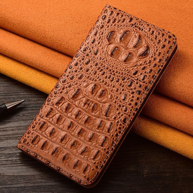 Étui iPhone 15 cuir véritable marron, housse protection rabat magnétique et clapet motif croco