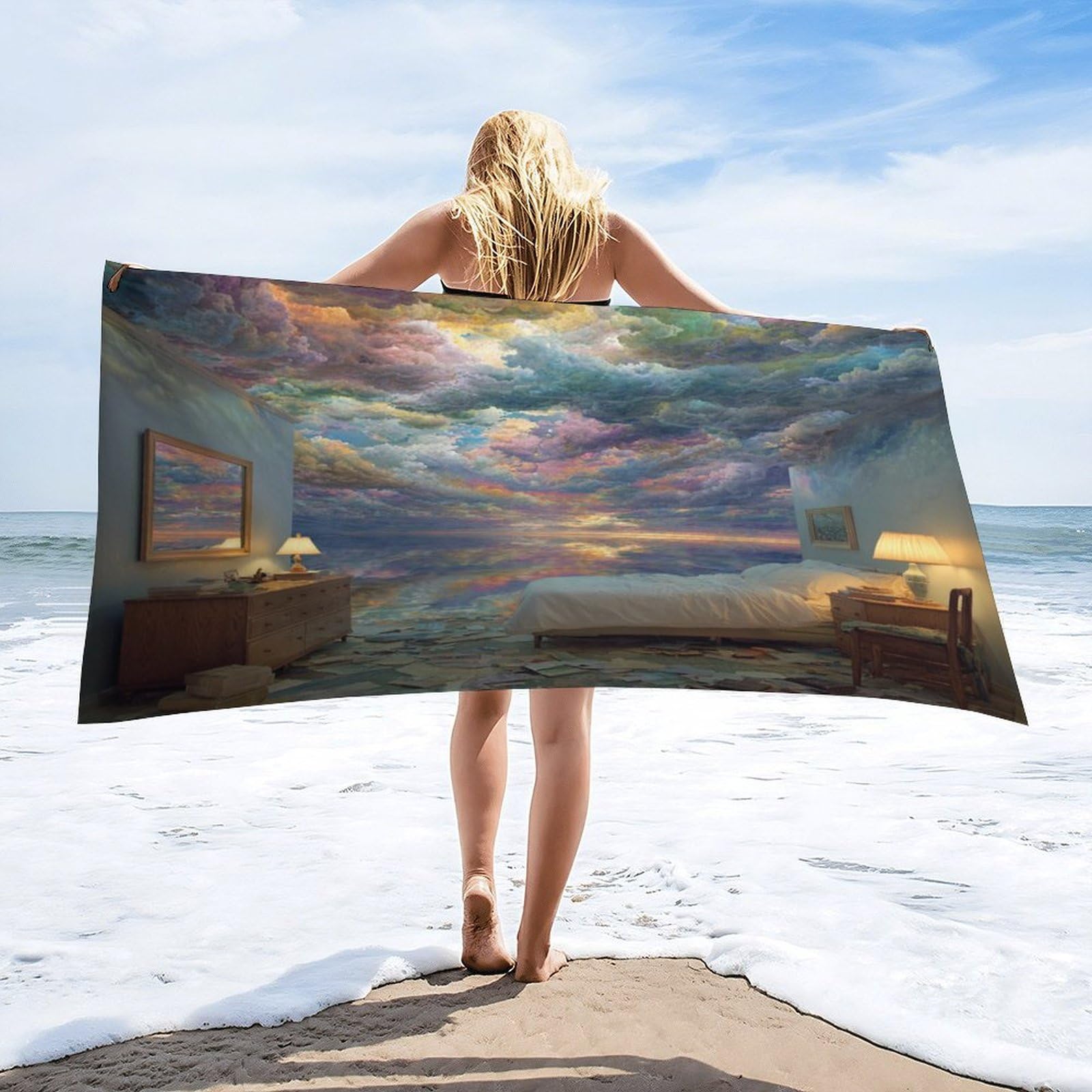 Luyysky Classic Vintage Colorful Cloud Absorbent Beach Towel, Romantic Realistic Natural Landscape Sunrise Pattern Outdoor Single-Sided Velvet Beach Towel-80 W Cm X 160" L Cm