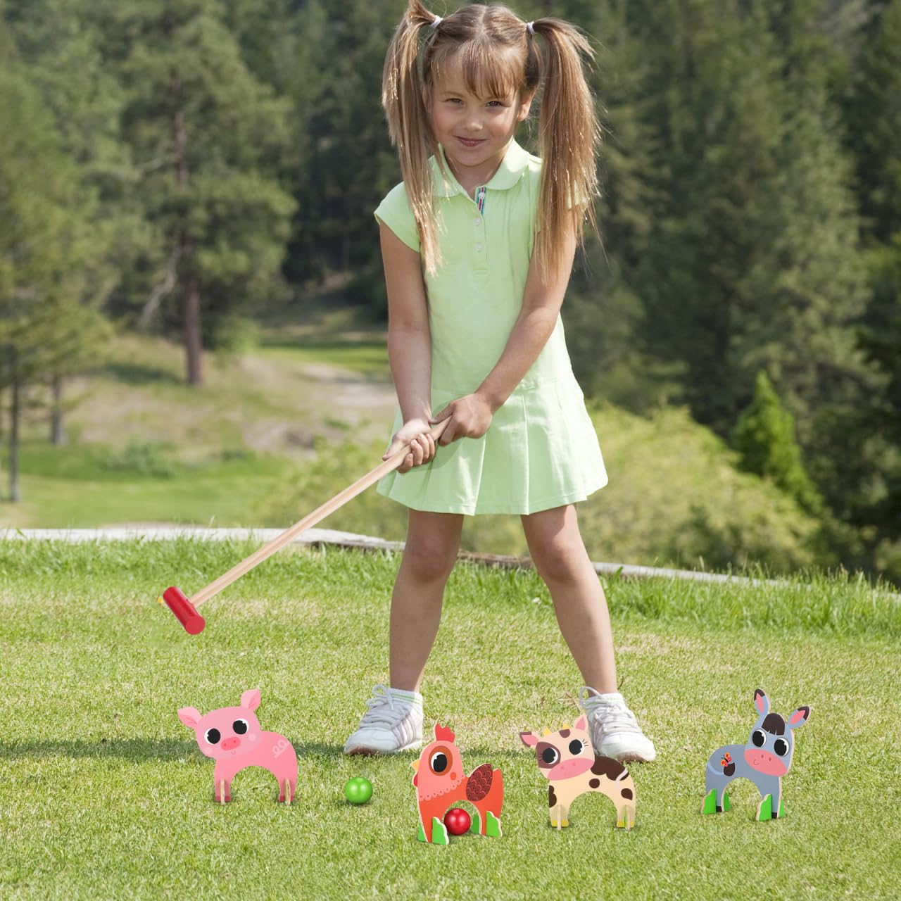 Housoutil Lustiges Tier-Gateball-Set, Krocket-Set aus Holz mit Tiermotiven, Pädagogisches Sport-Spielzeug mit Golfschlägern Und Krocketbällen, für Den Vorschulbereich im Freien