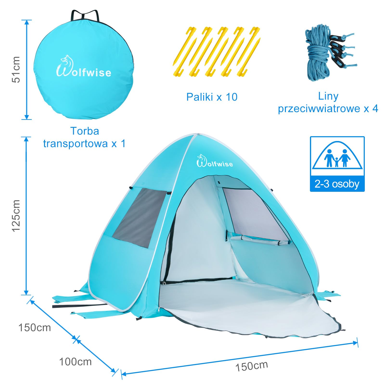 WolfWise UPF 50+ Easy Pop Up namiot plażowy schronienie słoneczne natychmiastowy automatyczny przenośny parasol sportowy kryty domek do zabawy baldachim kabana