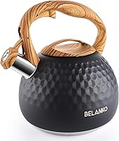 Vista 11 de BELANKO - Tetera de acero inoxidable de 2.7 cuartos de galón para estufa, de grado alimenticio con mango de patrón de madera, con silbido fuerte