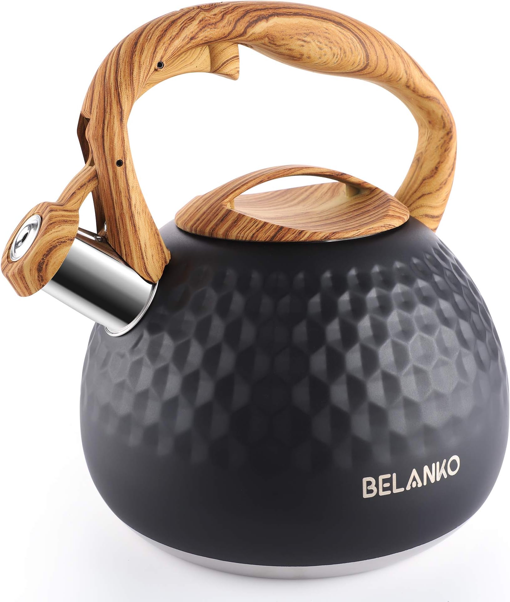 BELANKO2.7 Quart Tea Kettle for Stovetop - Food Grade Stainless Steel with Diamond Texture, Designer Teapot Look, Cool-Touch Wood Pattern Handle, Whistling Spout - Matte Black