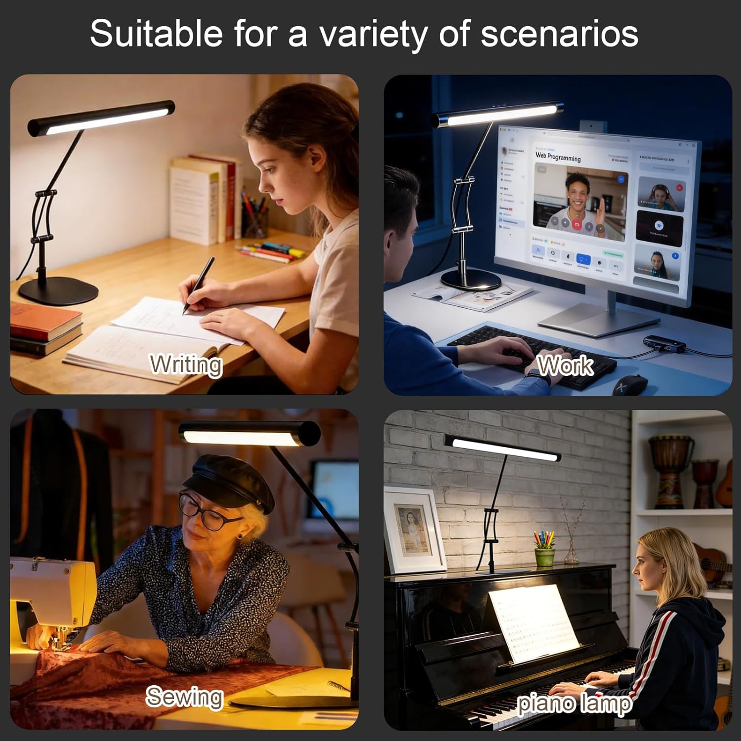 LED Desk Lamp, 10W Eye-Caring Task Light for Home Office, Metal Build with Frosted Texture & Stable Base, 3 Color Modes, 10 Brightness Levels, Flexible Adjustment & Memory, USB Adapter Included, Black