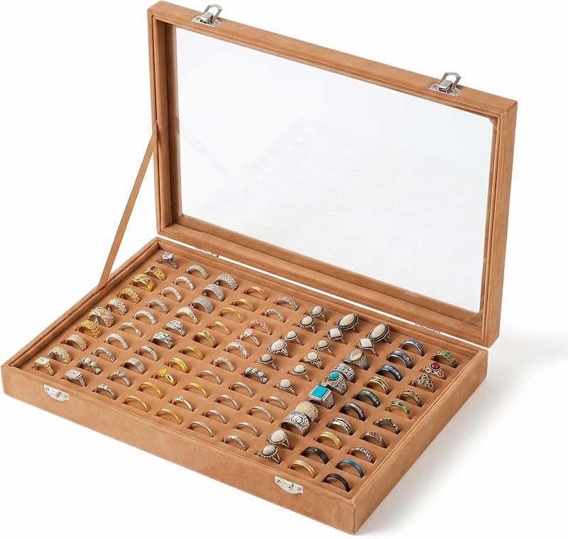 100 Slots Ring Organizer Tray,Velvet Ring Box with Clear Lid | Velvet Lining Provides Protection,Fits Rings of Various Sizes,Glass Lid Jewelry Tray,for Personal Use and Ring Display