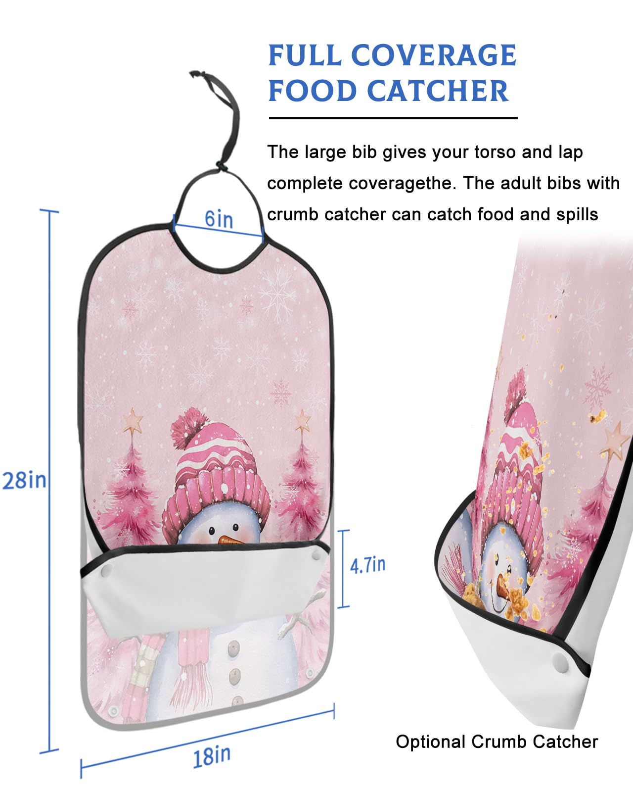 LEOKOTI Pink Snowman Christmas Adult Bibs for Eating, Waterproof Bibs with Food Catcher & Adjustable Snap Closure, Xmas Tree Winter Snowflake Pink Washable Clothing Protectors Adult Bibs for Elderly