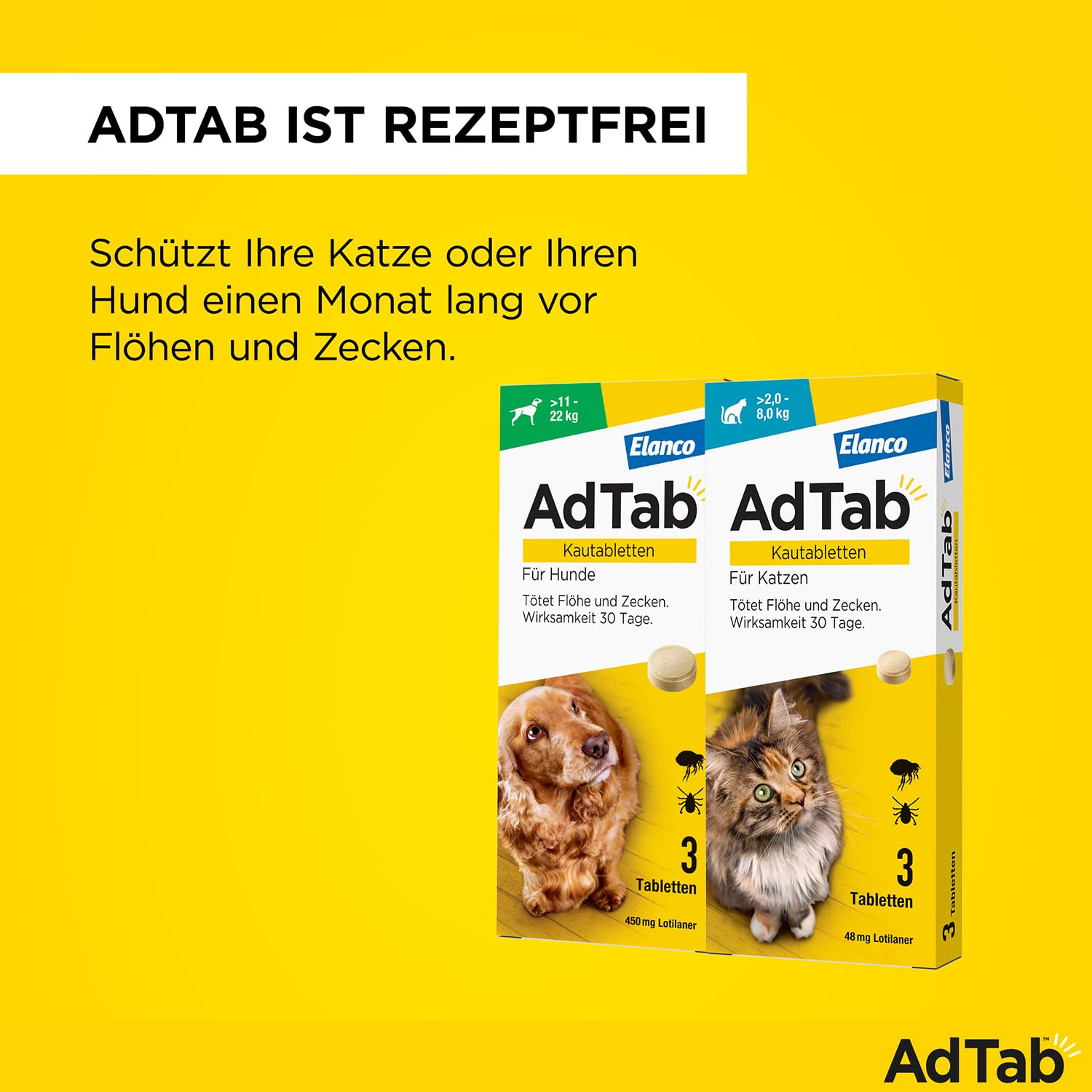 AdTab Kombi-Set: Zecken- & Flohschutz für eine Katze mit >2-8 kg und einen Hund mit >11-22, 2 Packungen mit je 3 Kautabletten, einfach zu verabreichen & schmackhaft