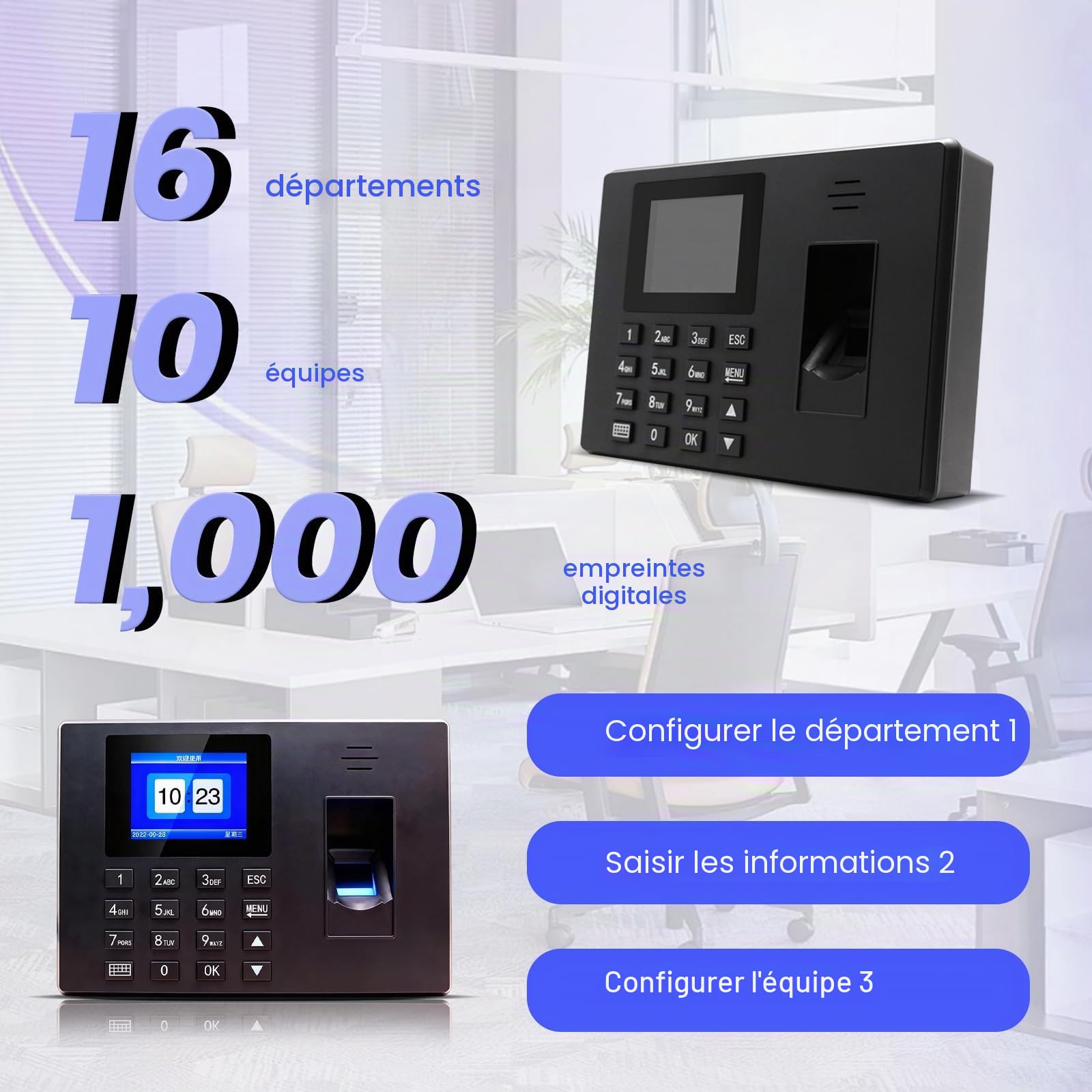 Pointeuse Empreinte Digitale, Badgeuse Autonome avec Code PIN pour PME, sans Abonnement/Logiciel/Connexion WiFi - Export Excel par Clé USB - Gestion des Présences