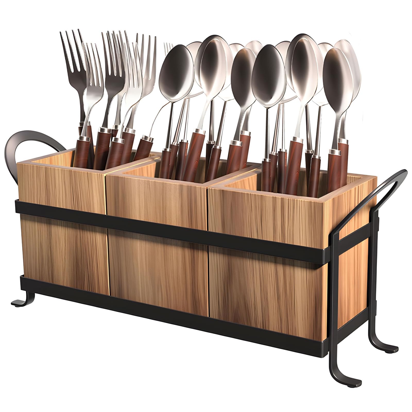 Xjdzineq Natural Wood Cooking Tool Holder Compact Size Fits on Countertop Stores Items Neatly in 3 Sections Stylish Kitchen Tool Planner