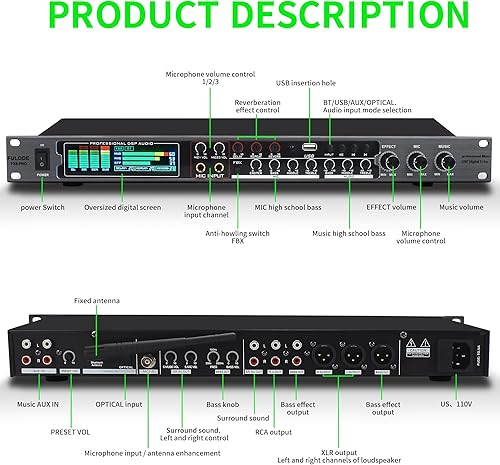 Vista 16 de AX-666 Procesador de karaoke profesional KTV Mezclador con micrófonos inalámbricos duales, Efector digital de pre-etapa Sistema de procesador