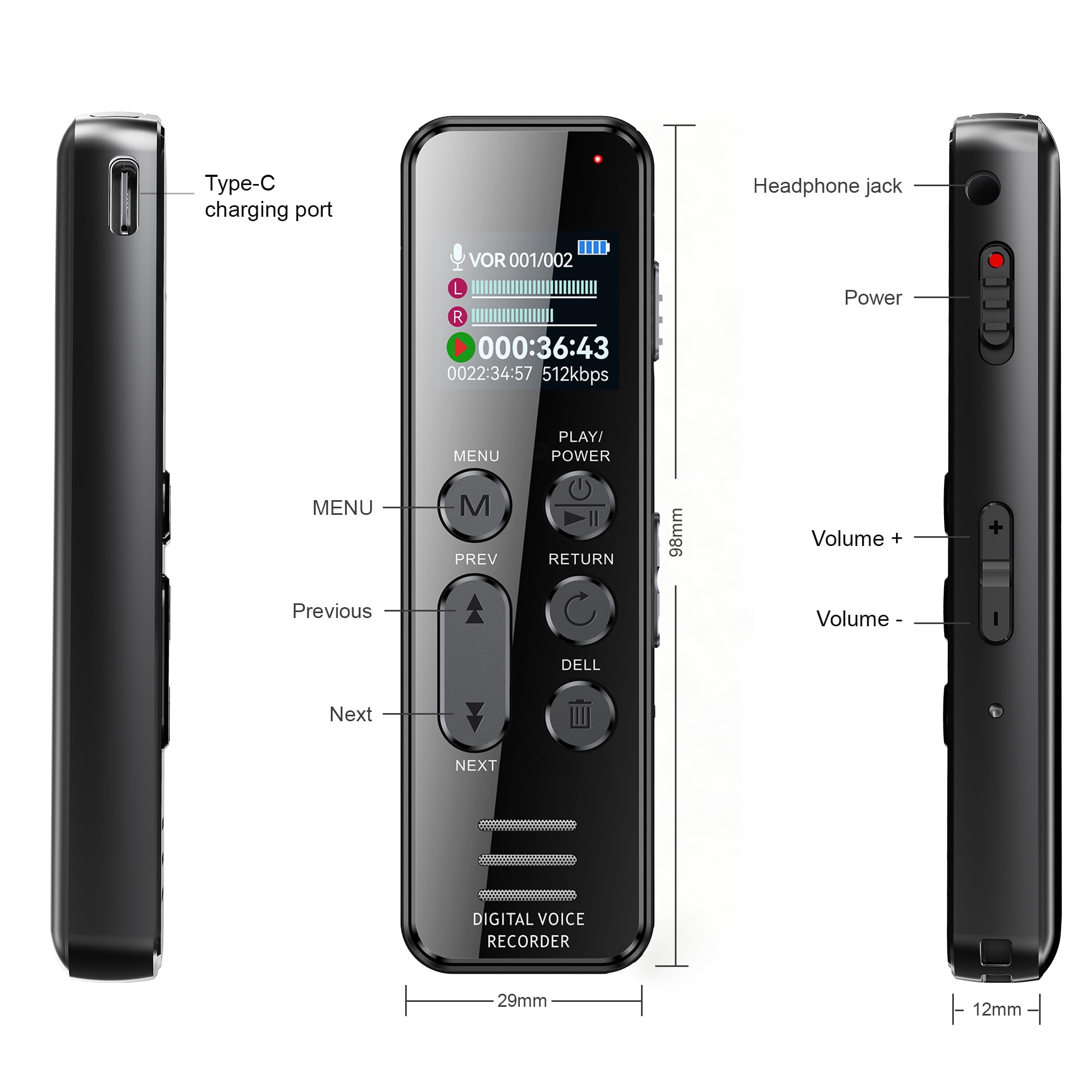 Digitaler Diktiergerät HD-Audioaufnahme Einfache Bedienung Intelligente Spracherkennung A-B-Wiederholung Passwortsperre Sprachaktiviertes für Meetings Interviews Vorlesungen usw (32 GB)