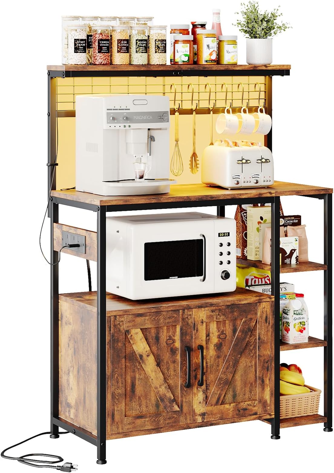 MUTUN Bakers Rack with Power Outlet, 6-Tier Kitchen Storage Rack with 6 S-Hooks, Microwave Stand Coffee Bar for Kitchen Dining Room, 51.2×35.4×15.6 Inches, Rustic Brown
