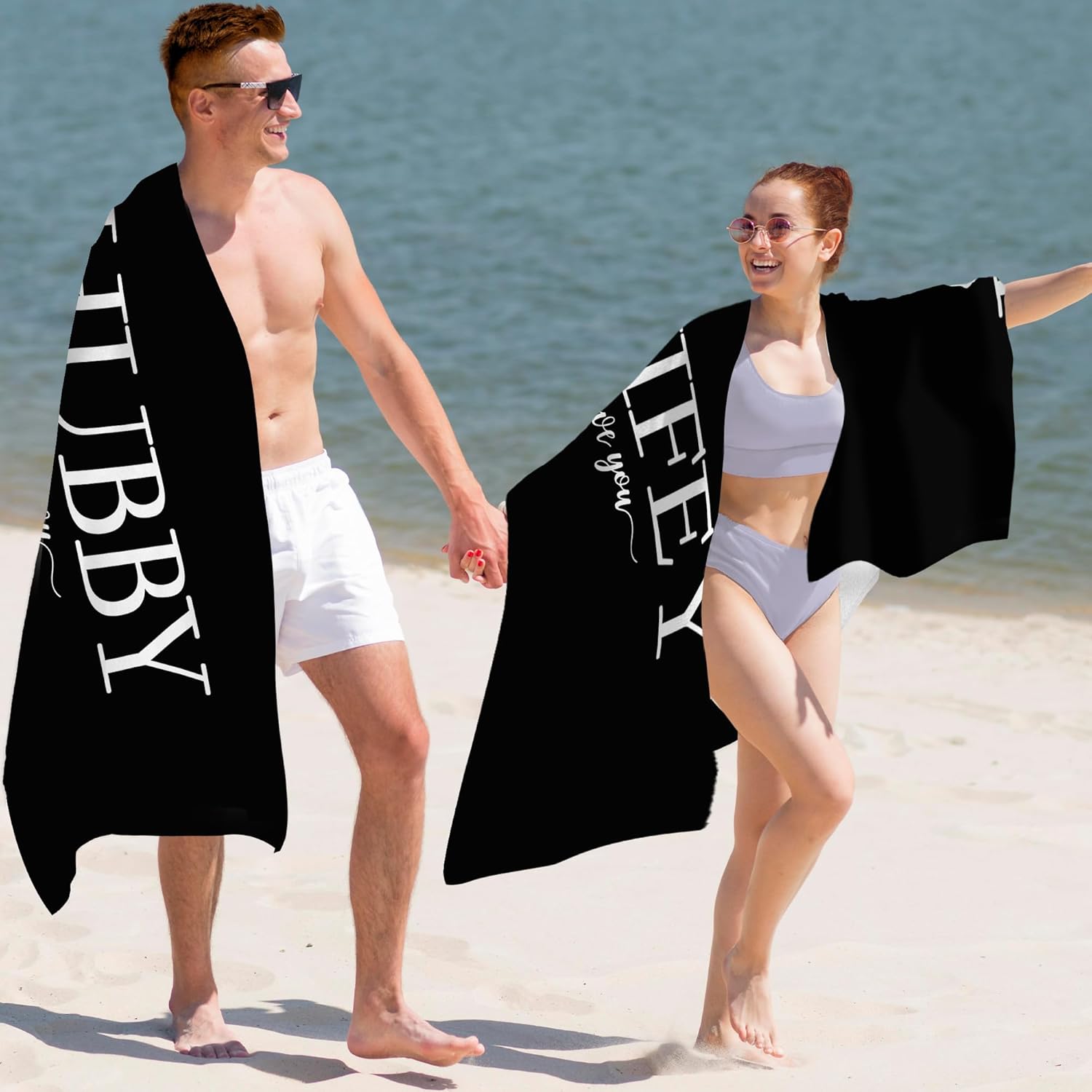 Couple Wifey Hubby Beach Towel Set of 2, Honeymoon Wedding Valentines Beach Towels Gifts for Bride Groom, Hubby and Wifey Gifts Quick Dry Towels Decor for Bathroom 30x60in - Image 2