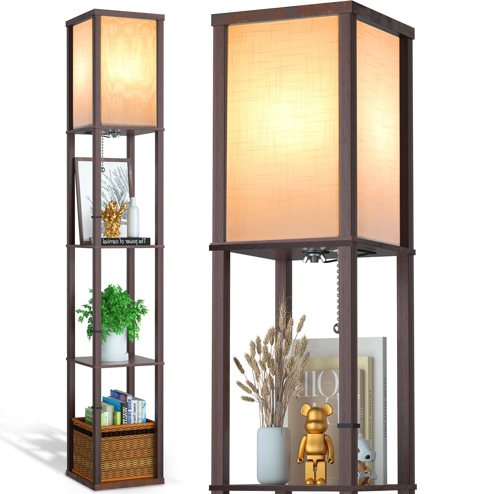 Lampa stojąca LED z drewna, brązowa lampa stojąca z półką, lampa podłogowa z drewnianą półką z 3 temperaturami barwowymi, żarówka E27, oświetlenie retro z oprawką E27 do salonu, biura, sypialni