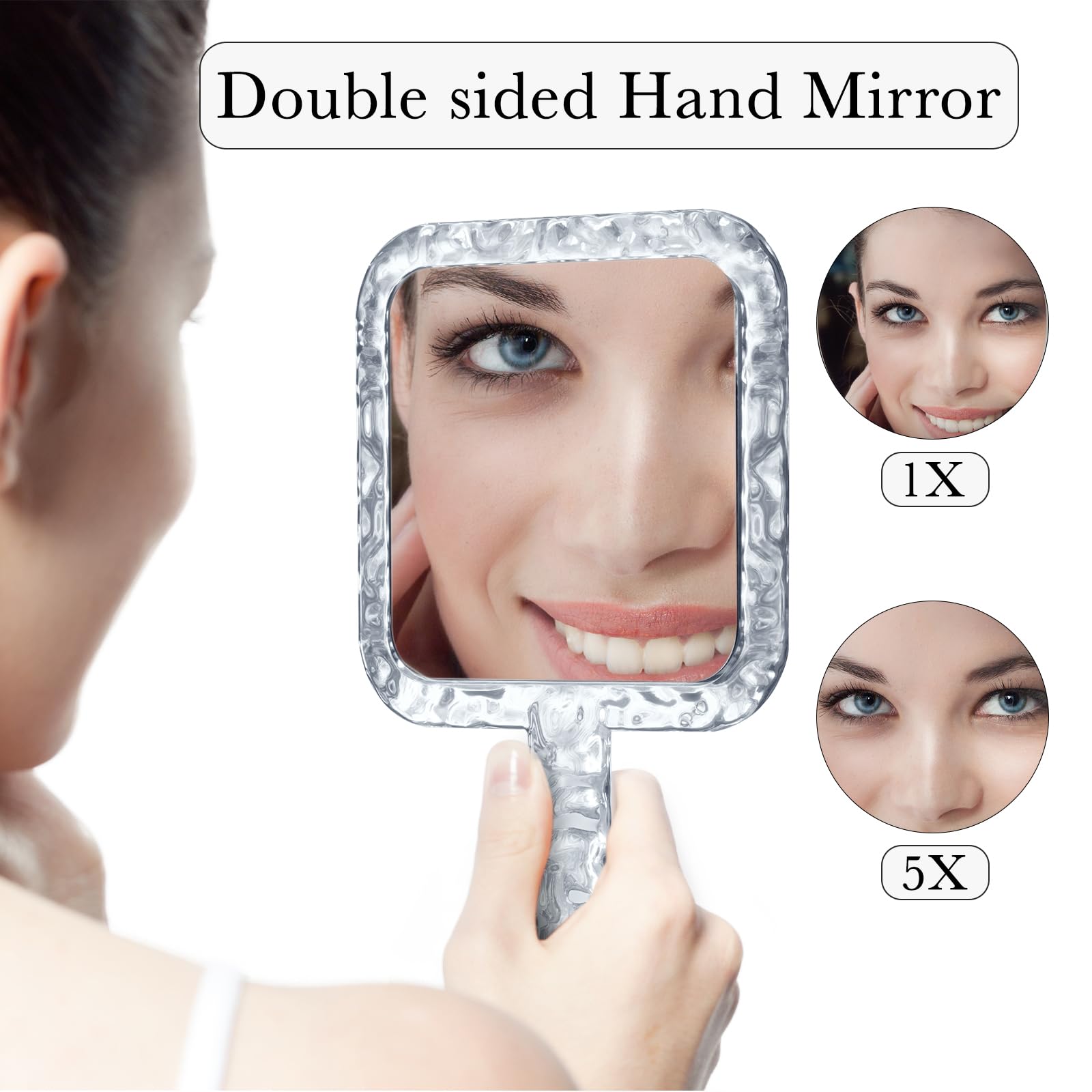 YEAKE Specchio a mano, doppio lato, con ingrandimento 1X/5X, con manico per trucco, specchio da barba con foro per appenderlo, acrilico, 15,5 cm di larghezza x 25,4 cm di lunghezza, forma quadrata,