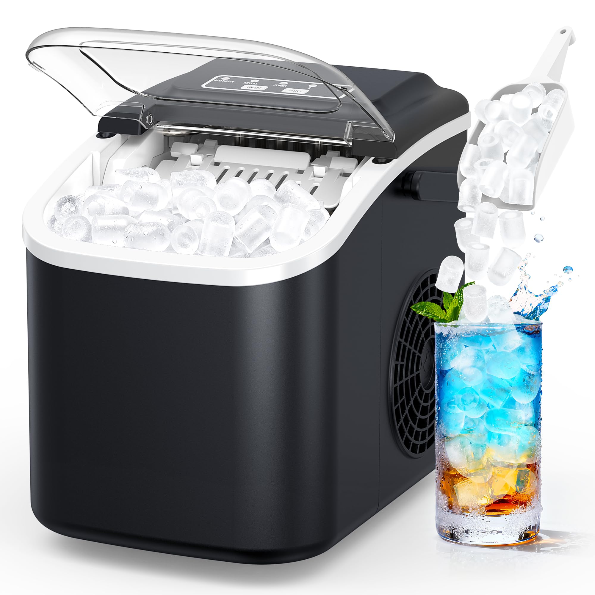 Ice Maker Countertop Ice Machine: 12KG/24H, 8 Bullet Ice Cube Ready in 6 Mins, Self-Cleaning Ice Machine with Basket and Scoop for Home, Kitchen, Party, RV (Black)
