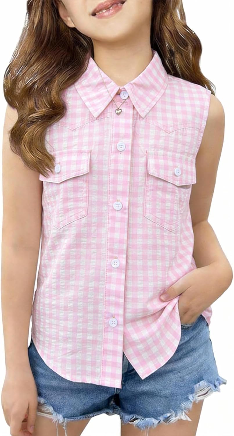 Girls Sleeveless Button Down Shirt Summer Top Blouse Shirts for Kids, 4 Colors Design