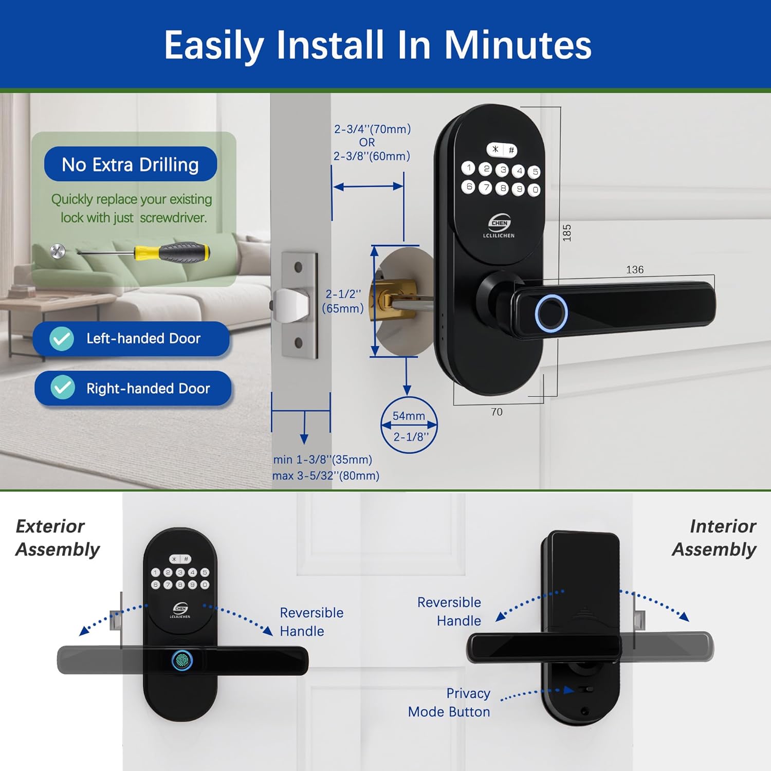 Keyless Entry Door Lock with Handle, Smart Fingerprint Deadbolt, APP Control & Keypad Password Unlock for Front Door, Home, Apartment