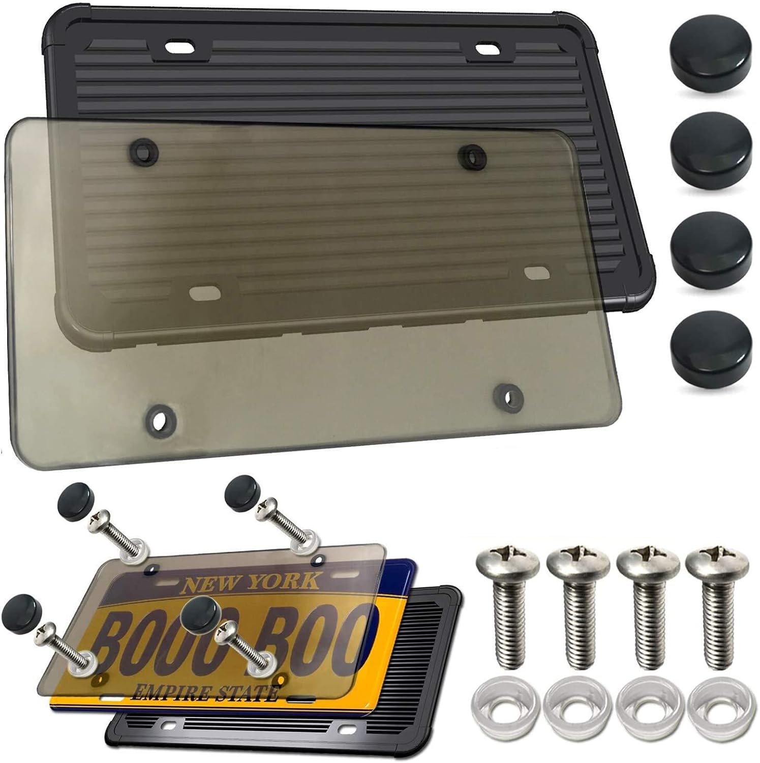 BGGTMO Silicone Black License Plate Frame with Cover -1 Set Flat Smoked License Plate Cover Holder, Tinted Unbreakable Car Tag Protector with Stainless Steel Screws, Caps, Rust-Proof, Rattle-Proof