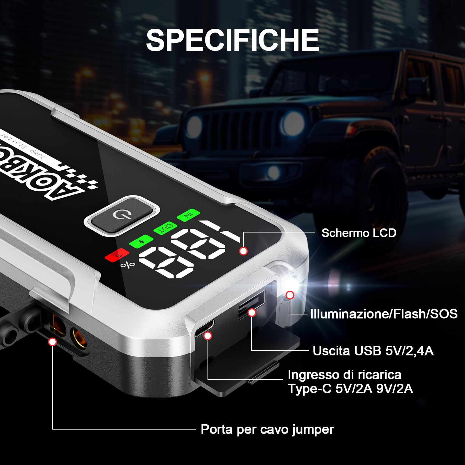 Avviatore Batteria Auto 7000A Avviatore di Emergenza per Auto Moto Fino All Ges 10,0L Diesel 12V Starter Batteria Portatile con Torcia a LED
