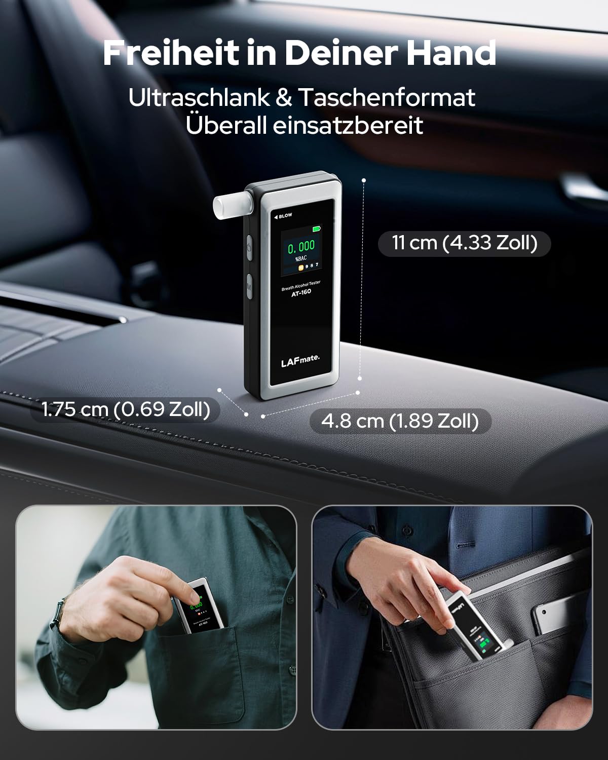AT-160 Alkoholtester, hochpräziser Promilletester mit Alarmschwelleneinstellung, Breathalyzer mit digitaler LCD-Anzeige, Speicherfunktion, Typ-C-Laden, 10 Mundstücke für Heimgebrauch