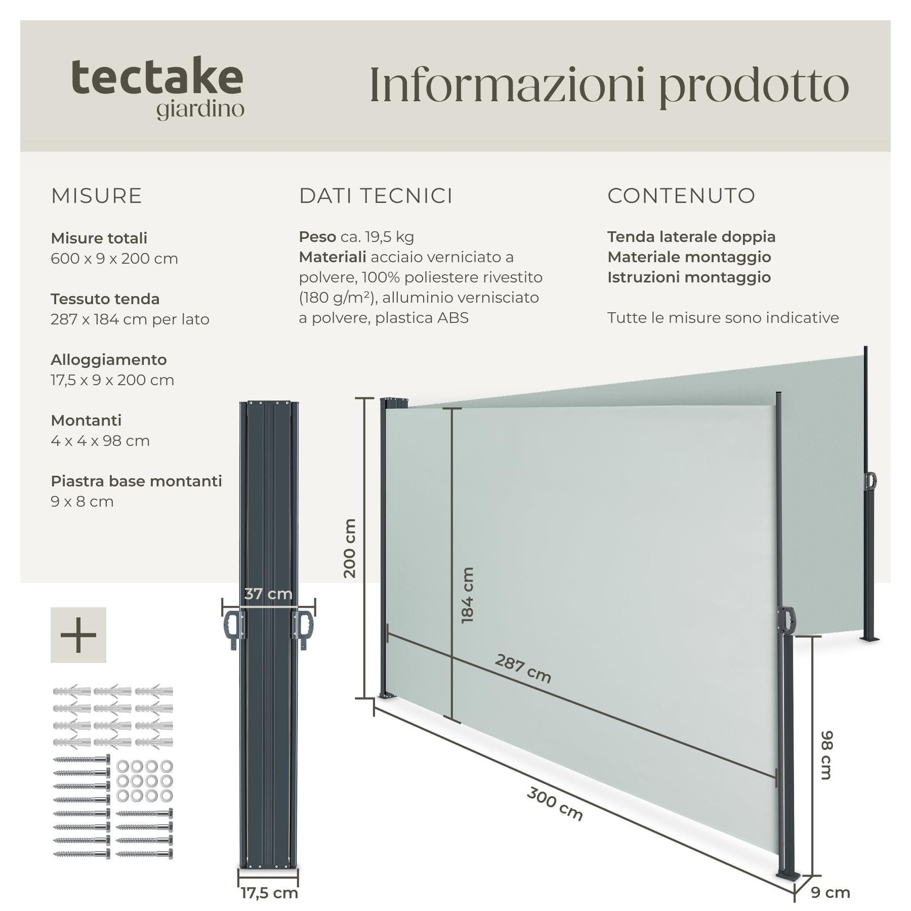tectake® Tenda da Sole per Esterno Laterale Doppia Estensibile, 600 x 200 x 9 cm, Parasole Retrattile, Frangivista Giardino e Terrazzo Privacy, Avvolgimento Automatico, Struttura in Acciaio - Grigio