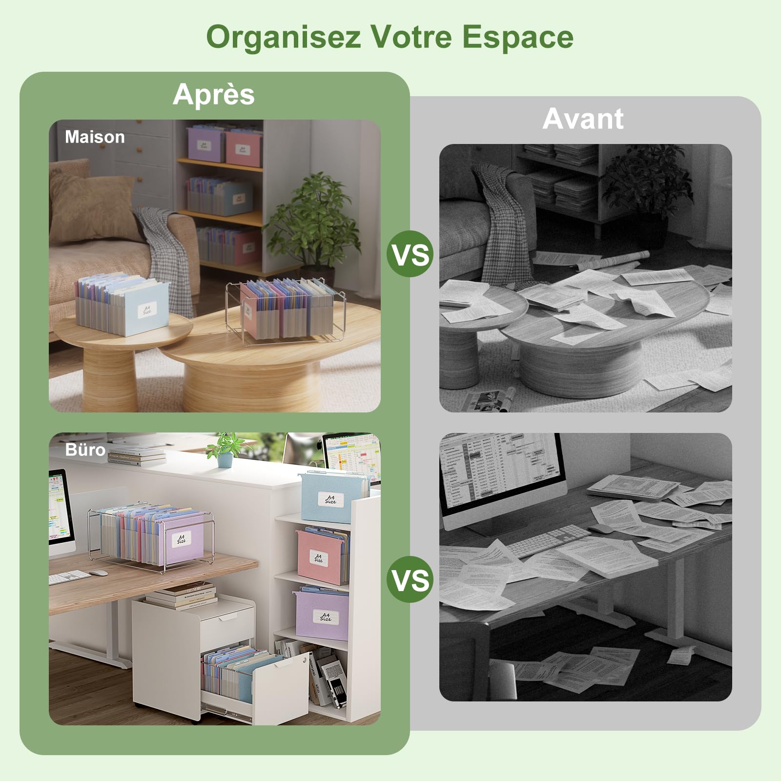 EcoStach Dossiers Suspendus A4, en paille de blé, organiseur de dossiers suspendus avec onglets et inserts pour bureau, maison et école (lot de 3, Violet, Bleu, Rose)