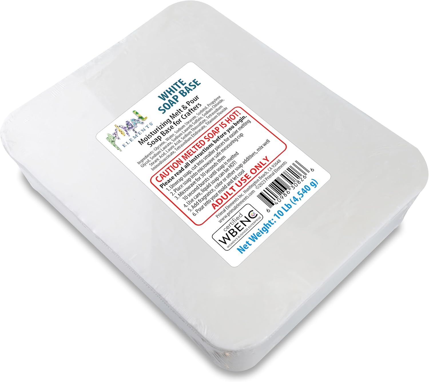Primal Elements White Soap Base - Moisturizing Melt and Pour Glycerin Base for Crafting and Soap Making, Easy to Cut, Unscented - 10 Pound, Pack of 1