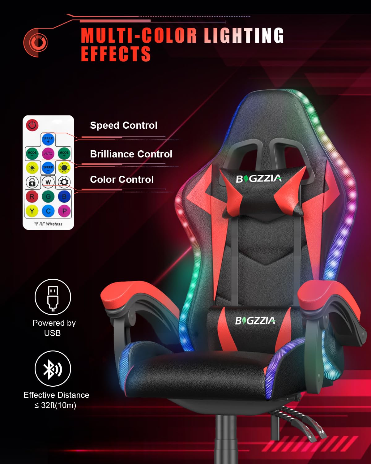 bigzzia Sedia Gaming RGB con Luci LED E Sedia Ergonomica Per Computer Per Videogiochi Reclinabile con Schienale Alto in Pelle Pu con Poggiatesta (Utilizzo di RGB, Rosso)