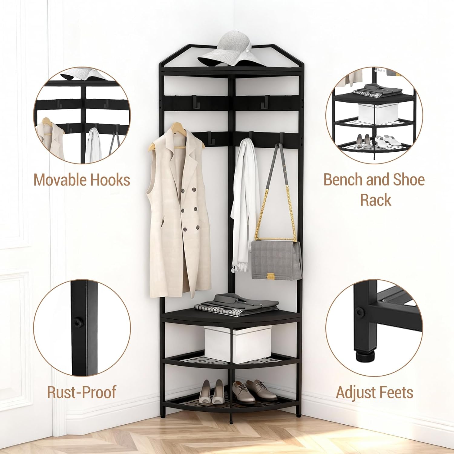 Garvee Corner Coat Rack with Storage, Simple Hall Tree with Mesh Shelves, Anti-Toppling Devices, Freestanding Metal Clothes Rack Shoes Shelf Organizer for Entryway Bedroom Black