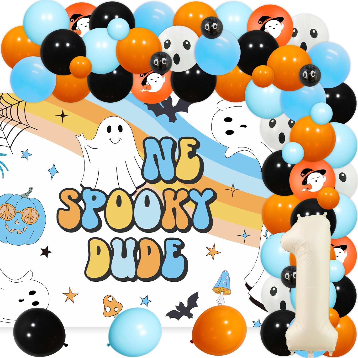 Halloween 1st Birthday Party Decoration Blue Orange One Spooky Dude 1st Birthday Backdrop Halloween Balloons Garland Kit Ghost Foil Balloon for Boys First Bday Supplies