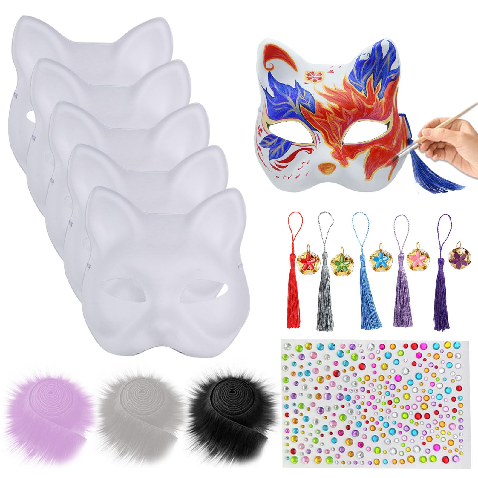 5 Pezzi Maschera Gatto, Therian Mask con Nappe, Campanelle, Pelliccia, Adesivi Cristallo, Maschere Carta Dipinte Mano, Maschera da Gatto Adatto per DIY Halloween Mardi Gras Festa Maschera (Bianco)