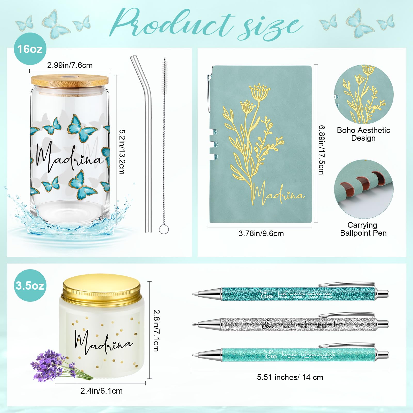 Skylety 6 Pcs Madrina Proposal Gift Set for Women Madrina Butterfly 16 Oz Glass Cup Scented Candle Jar A6 Journal Ballpoint Pen Spanish Bible Study Group Godmother Wedding Church Favor(Green)