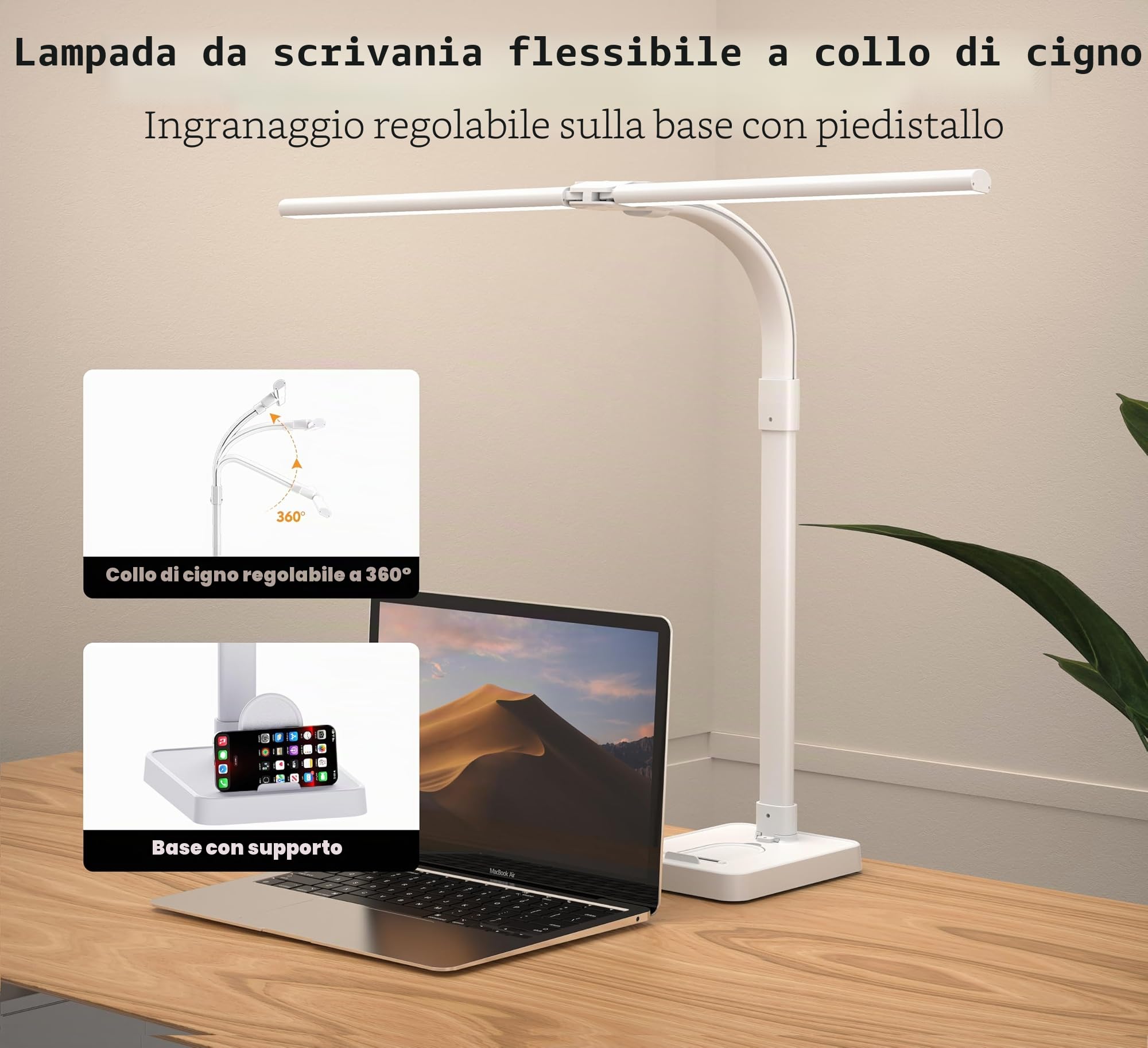 LOTTBUTY Lampada da scrivania a doppia testa a LED, dimmerabile, 24 W, 80 cm, per casa, ufficio, lampada da tavolo, a collo di cigno (bianco, base per scrivania con supporto per cellulare)