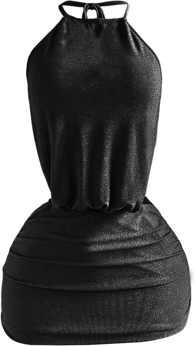 SOLY HUX Women's Open Back Halter Mini Dress Sleeveless Tie Backless Ruched Bodycon Party Club Dresses