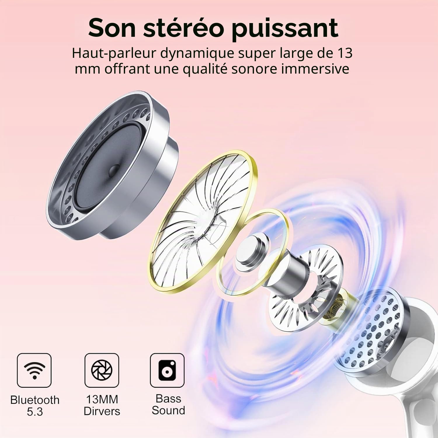 Csasan Ecouteurs Bluetooth sans Fil, 2023 Écouteurs Bluetooth 5.3 HiFi Stéréo avec 4 ENC Réduction de Bruit Mic, 40Heure Contrôle Tactile Oreillette Bluetooth avec Écran LED, Casque Bluetooth Rose