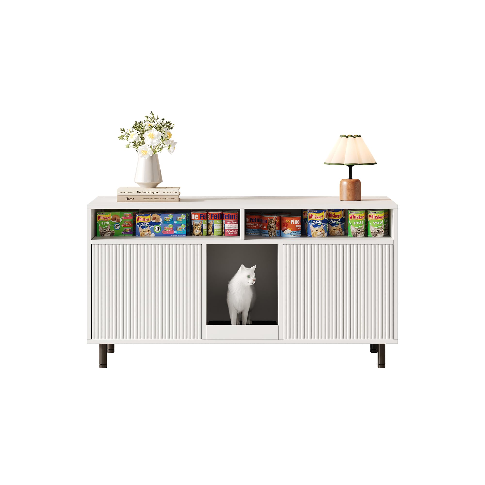 Katzentoiletten-Schrank mit Sandauffangmatte & Ablage, Platzsparendes Haustier-Sideboard zur Katzentoilette, Katzenklo verstecken, Praktisches Katzenzubehör, 120x50x66cm Weiß