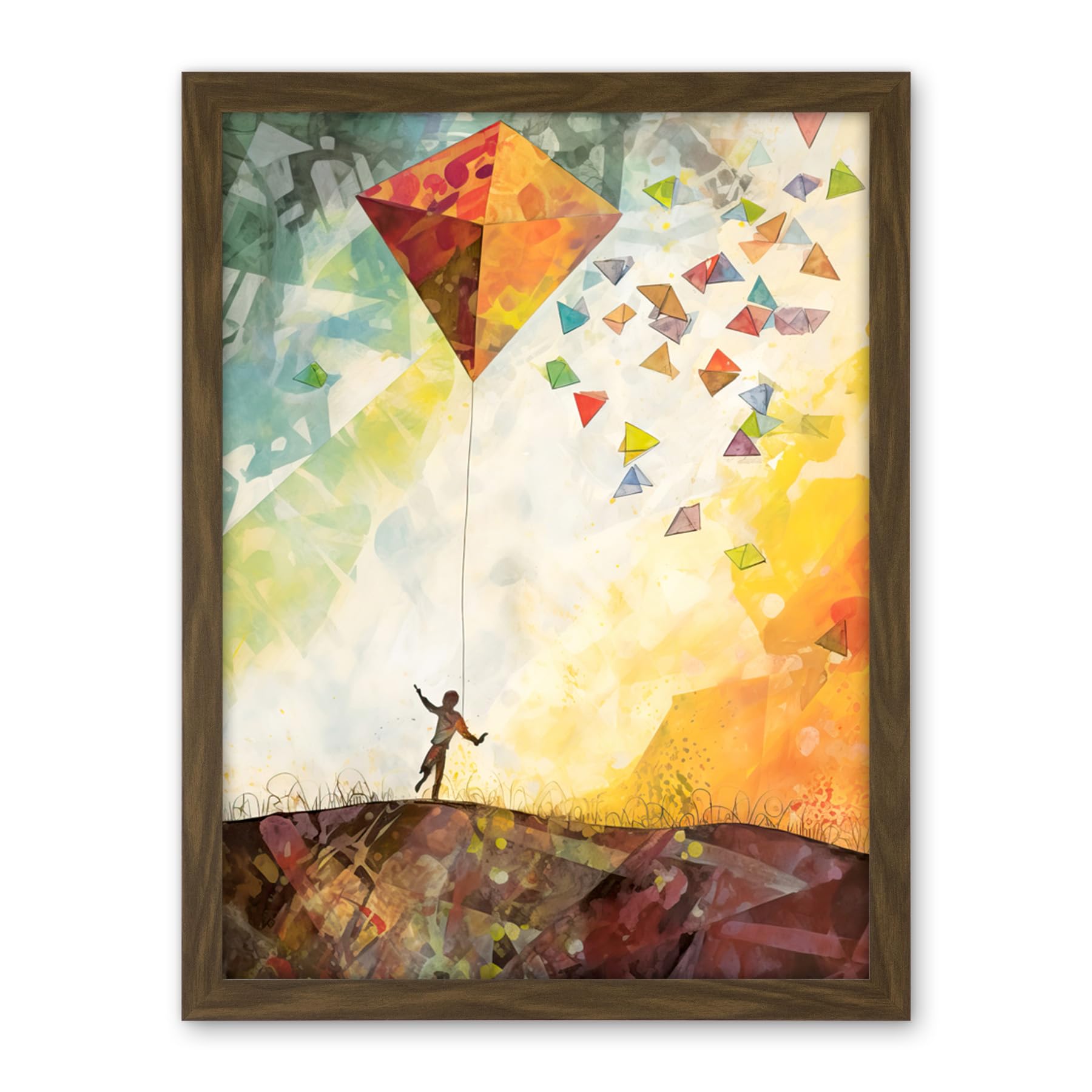 Artery8 Child Flying Big Kite in Rainbow Colour Sunset Sky Artwork Framed Wall Art Print 18X24 Inch