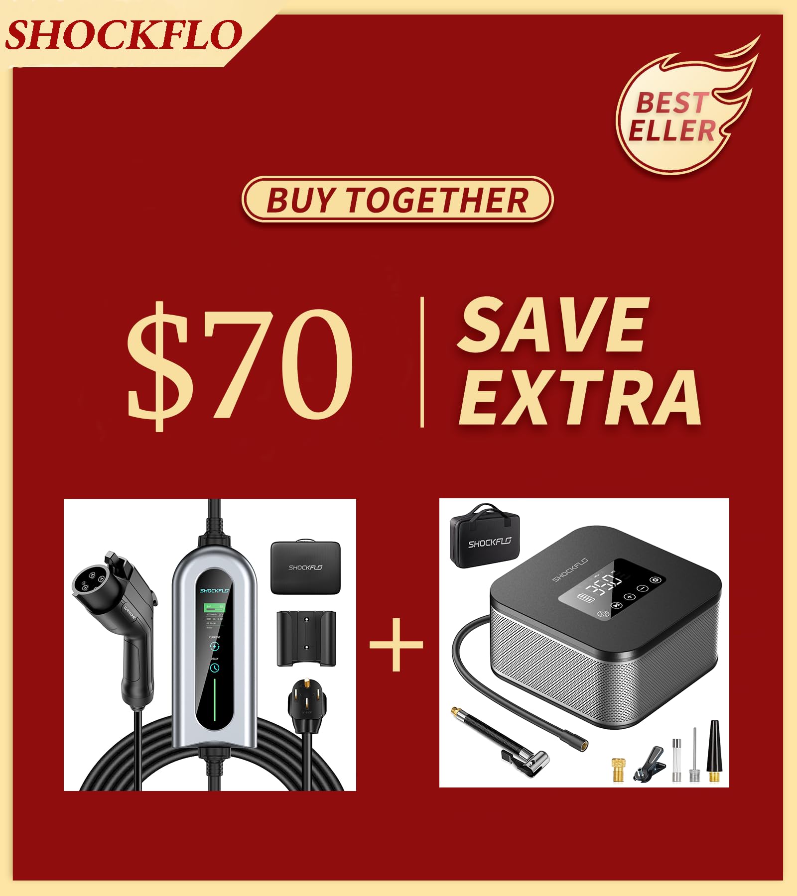 ShockFlo Level 2 EV Charger 40Amp 240V, 150PSI Tire Inflator Portable Air Compressor for Car, Temporary Power Bank