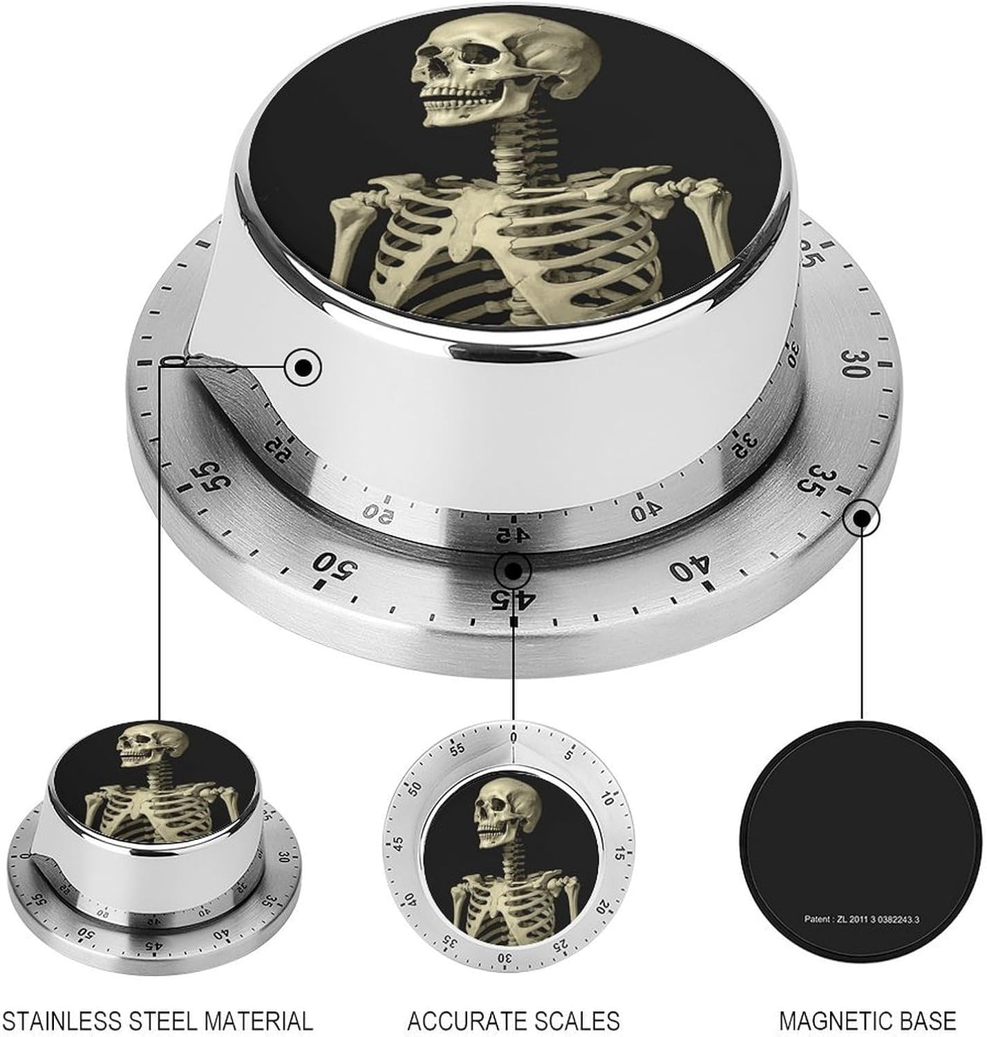 A Skeleton Timer Magnetic Backing 100% Mechanical Desk Timers Wind Up 60 Minutes Manual Countdown Timers No Batteries Required Kitchen Timer for Cooking