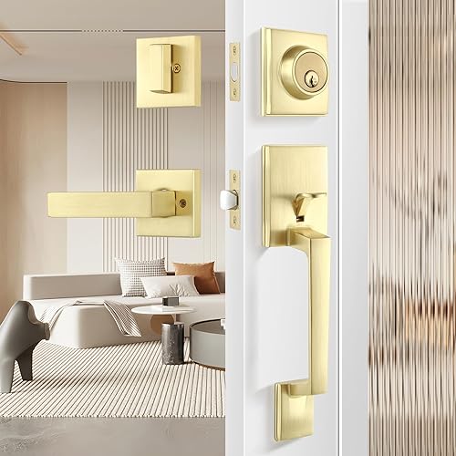 Leydebong Gold Entry Door Handle and Single Cylinder Deadbolt Lock
