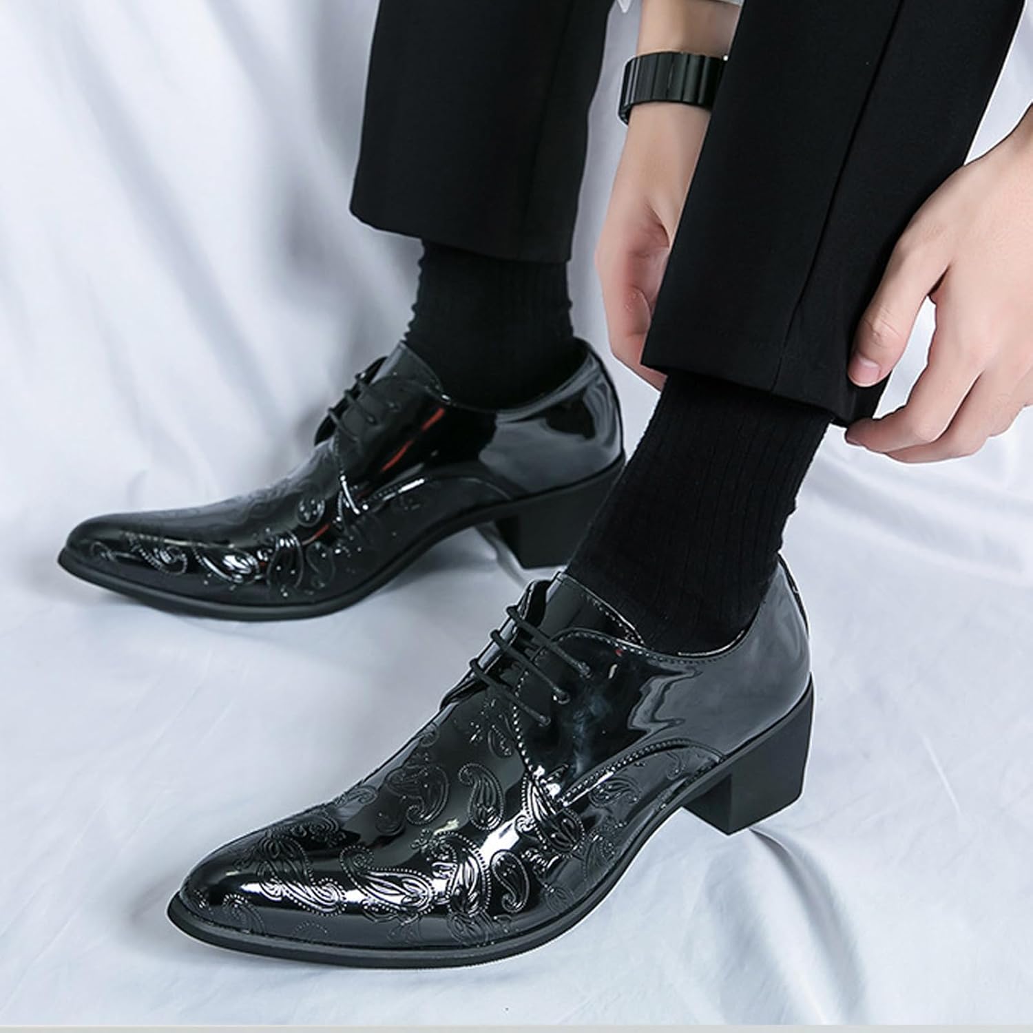 Men's Printing Pointed-Toe Patent Leather Derby Oxford Shoes,Classic Lace-up Low Top Block High Heel Fashion Slip on Prom Business Wedding Dress Shoes - Image 2