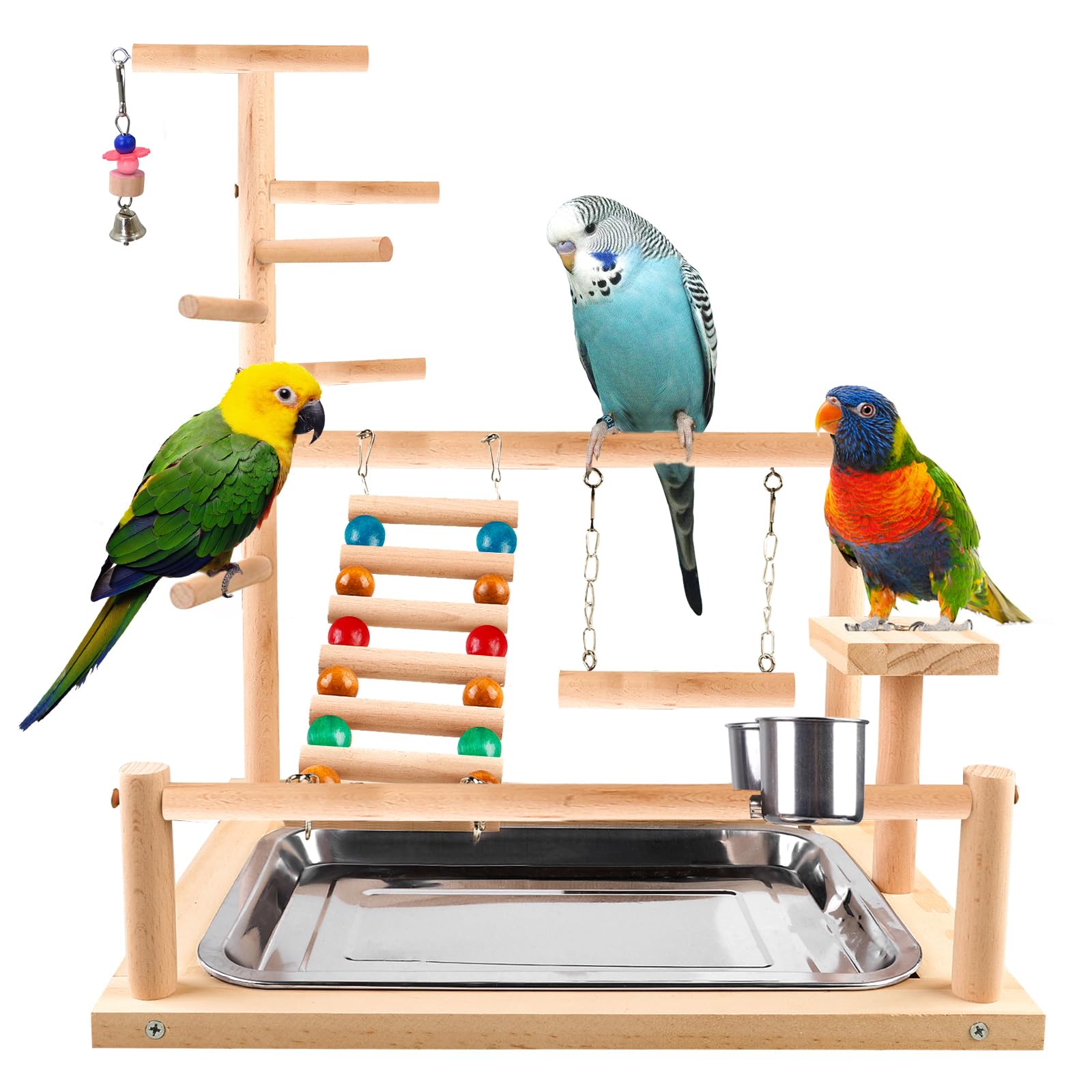 Juguete para pájaros, juguete para loros, juguete para periquitos, parque infantil con copa alimentadora, escalada, columpio y bandeja, asiento para periquitos, cacatúas, 37 x 26 x 44 cm