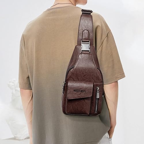 Miniatura 6 de CUICANSHANG Bolso bandolera de cuero para hombres y mujeres, mochila impermeable, bolsa cruzada para viajes al aire libre, antiarañazos, Marrón