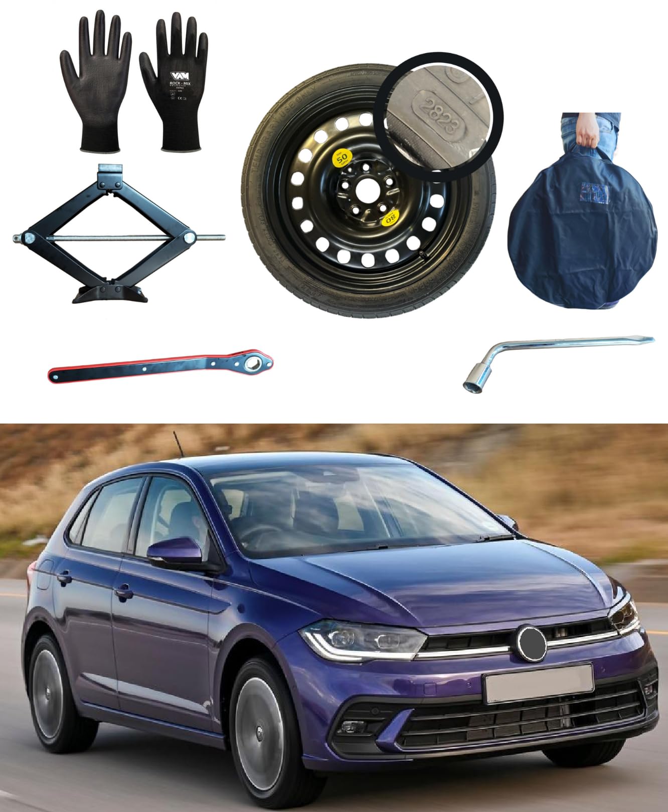 Kit Roue de secours 17" compatible avec Volkswagen Polo V/VI avec Cric, Clé, Gants et Sac